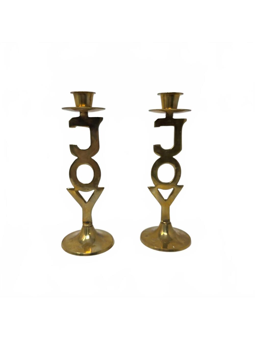 Vintage Brass JOY Candlesticks Pair International Silver Christmas Decor